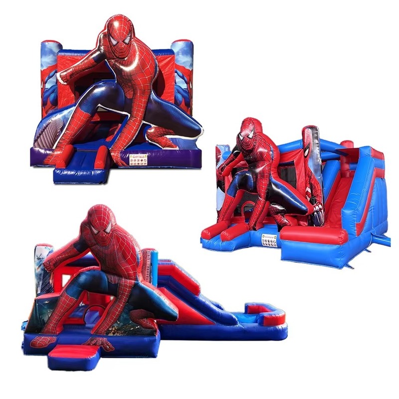 Spiderman thema opblaasbaar kasteel met droge glijbaan en 950w blazer voor kinderen feest 5 * 5 * 3,6m Grootte 1-6 personen capaciteit